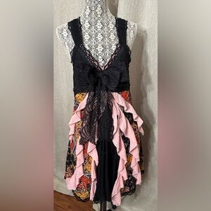 Boho Whimsygoth Black Gypsy Upcycled Lacey Summer Top Knee Length  OOAK Sz L- Xl